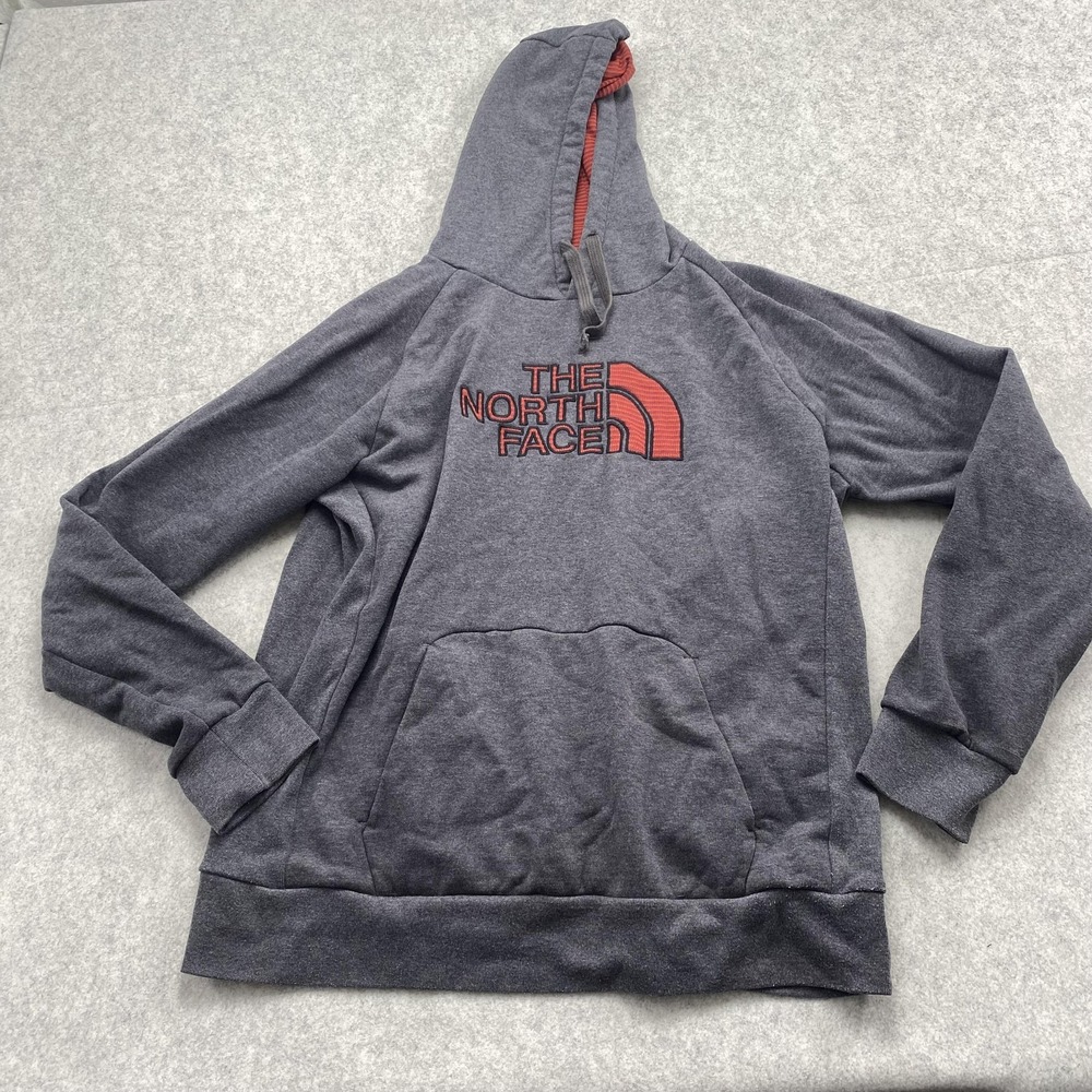 The North Face Hoodie Mens XL Gray Pullover Fleece Sweatshirt Big Logo *Hole*